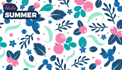 Floral vector banner. Flowers, leaves and berries retro background, cute vintage colors template