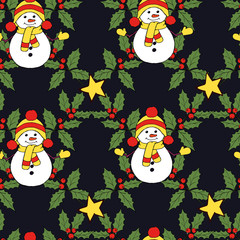 Vintage seamless pattern with vector holly pattern for paper design. Happy new year decoration. Vector graphic. Vector festive illustration. Holly berry christmas icon. Season greeting.