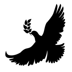 Vector flying dove with olive branch black silhouettes on white background. Peace concept. .