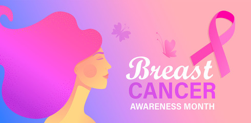Fototapeta na wymiar Breast cancer awareness month care poster. World preventive healthcare initiative.Banner with woman face,butterflies,pink ribbon, place for text.Placard, flyer, card.Vector illustration.
