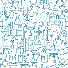 Fototapeta na wymiar Chemistry science lab seamless pattern background. Education set. The production of chemicals kit. Laboratory research experiments equipment. Outline contour blue line.