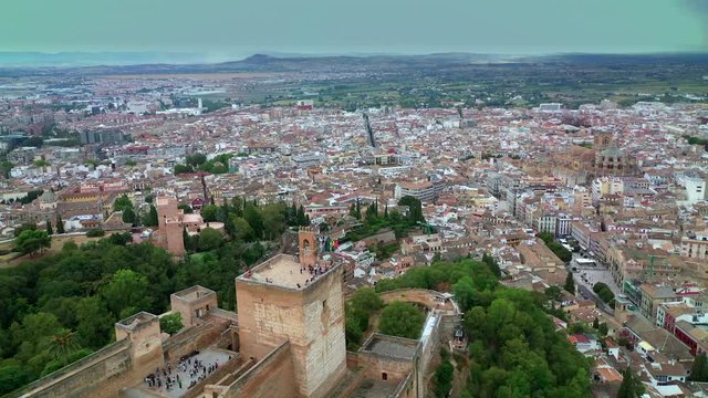 Aerial drone view of The Alhambra ancient castle . Granada Spain. Summer, 2019