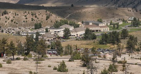 Yellowstone National Park Mammoth historic City. Boardwalk complex of hot springs on a hill of travertine. Historic Army fort base.