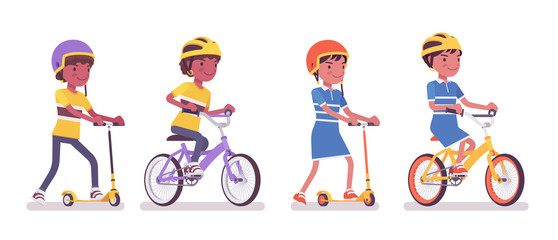 Black boy, girl child 7, 9 years old, school age kid riding kick scooter, bike. Active fun and outdoor recreation with sport vehicle. Vector flat style cartoon illustration isolated, white background