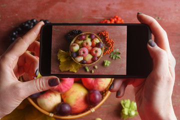 A girl photographs an autumn still life of red apples and bunches of mountain ash