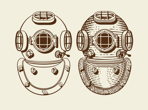 Old style diver helmets with and without engraving style
