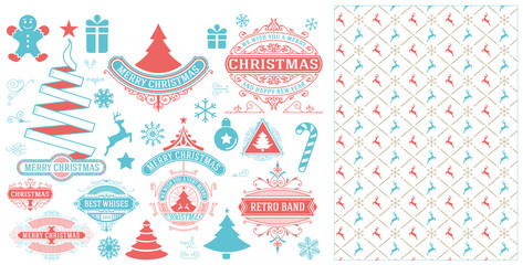 Merry Christmas and happy holidays wishes. Christmas decoration design elements. Vintage labels, ribbons and other ornaments