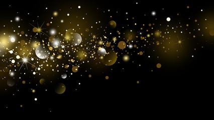Gold glitter and snow falling with bokeh in the winter on black background for christmas and new year vector illustration - obrazy, fototapety, plakaty