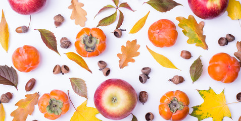 Autumn pattern with ripe fruits and yellow leaf and arcons.