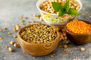 Healthy food, dieting, concept vegan protein source. Raw of legumes (chickpeas, red lentils, canadian lentils).