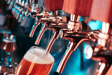 Hand of bartender pouring a large lager beer in tap. Bright and modern neon light, males hands. Pouring beer for client. Side view of young bartender pouring beer while standing at the bar counter.