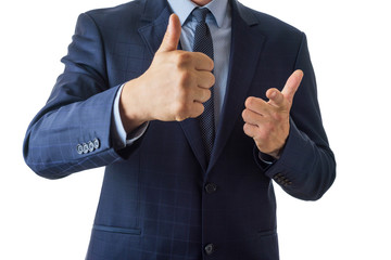 Young man holds hands with thumbs up, isolate on a white background
