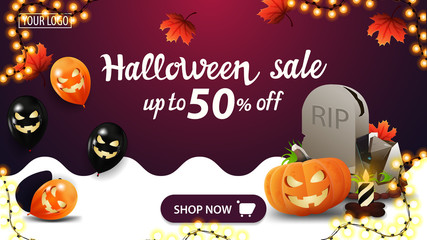 Halloween sale, up to 50% off. purple discount banner with autumn leafs, button, Halloween balloons, garland, tombstone and pumpkin Jack