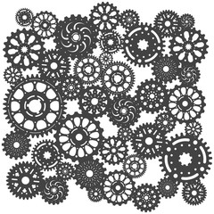Set of gear wheels or cogs, technology and industry, teamwork concept, black and white vector illustration