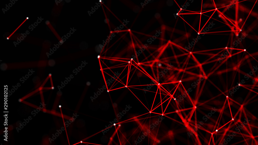 Poster Red abstract polygonal space with connecting dots and lines. Dark background. Connection structure. 3d
