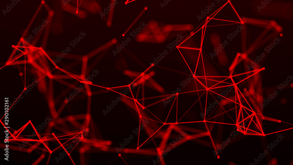 Fototapete Red abstract polygonal space with connecting dots and lines. Dark background. Connection structure. 3d