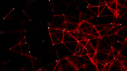 Red abstract polygonal space with connecting dots and lines. Dark background. Connection structure. 3d