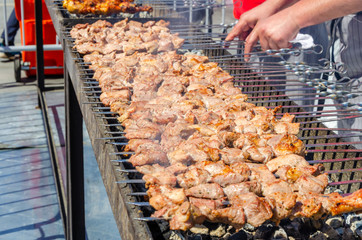 Cook barbecue on the coals.Chicken kebab on a spit.
