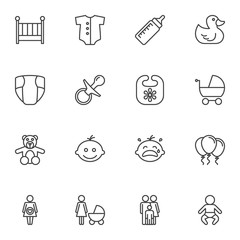 Baby line icons set. linear style symbols collection, outline signs pack. vector graphics. Set includes icons as crib bed, diaper, milk bottle, pram, teddy bear, family, newborn baby, pregnancy, child