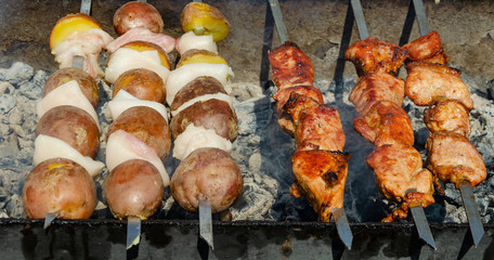 Skewers of new potatoes and bacon.