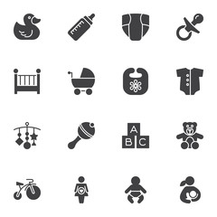 Baby vector icons set, modern solid symbol collection, filled style pictogram pack. Signs, logo illustration. Set includes icons as rubber duck, pram, maternity, newborn baby, diaper, rattle, pacifier