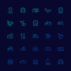 Travel, tourism icons, journey, trip, tour, vacation, cruise, outdoor activities, line vector set