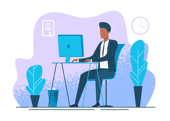 Young man working at workplace. Businessman at workplace. Bank employee. Vector illustration