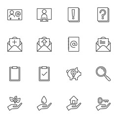 Business line icons set. linear style symbols collection outline signs pack. vector graphics. Set includes icons as email contact card, video conference, real estate, envelope with document, piggy box