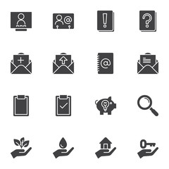 Business vector icons set, modern solid symbol collection, filled style pictogram pack. Signs, logo illustration. Set includes icons as email contact card, video conference, real estate, piggy box