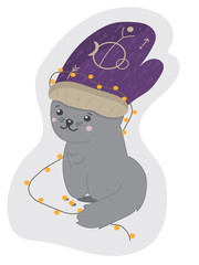 New Year sticker. Cute kitten with mittens on his head and a garland.