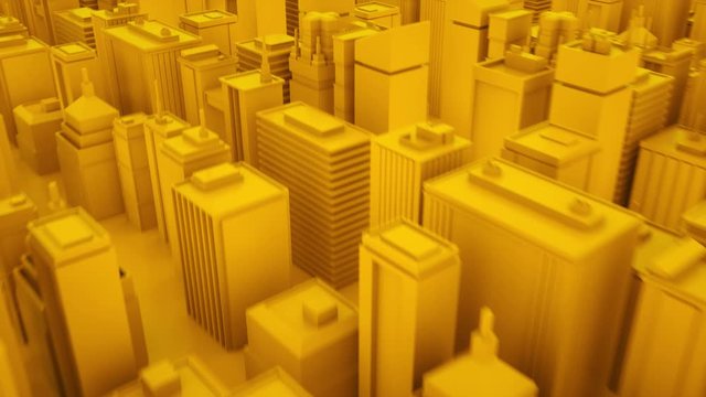 Camera moves through abstract yellow city. 3d animation
