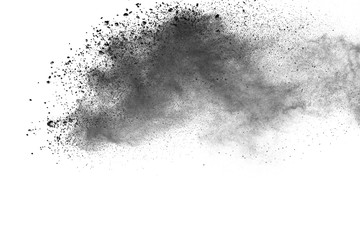 Fototapeta na wymiar Black powder explosion on white background. Colored cloud. Colorful dust explode. Paint Holi.