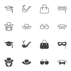 Costume party icon set, line and glyph version, outline and filled vector sign. linear and full pictogram. Symbol, logo illustration. Set includes icons as eye mask, detective hat, glasses, bow tie