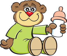 Cartoon illustration of a baby bear holding a baby bottle.