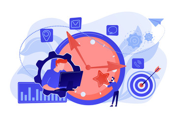 Businessman trying to accomplish tasks and goals on time and big clock and computer. Time management, effective time spending, time planning concept. Living coral blue vector isolated illustration