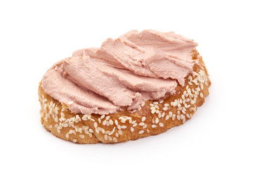 Chicken liver pate sandwich, isolated on white background