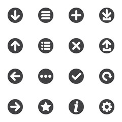 Basic universal arrows vector icons set, modern solid symbol collection, filled style pictogram pack. Signs, logo illustration. Set includes icons as download and upload arrow, gear, internet button