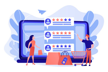 Tiny people customers rating online with reputation system program. Seller reputation system, top rated product, customer feedback rate concept. Living coral bluevector isolated illustration