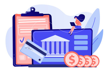 Customer sitting with laptop and bank with credit card and financial savings. Personal bank account, savings bank deposit, fixed rate loan concept. Living coral bluevector isolated illustration