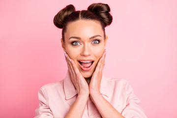 Close up photo of astonished funny youth touching her cheeks shouting wearing pastel color jacket...