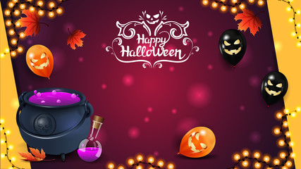 Horizontal Halloween template for your arts with autumn leafs, Halloween balloons, garland and witch's cauldron with potion. Template for postcard, poster, banner
