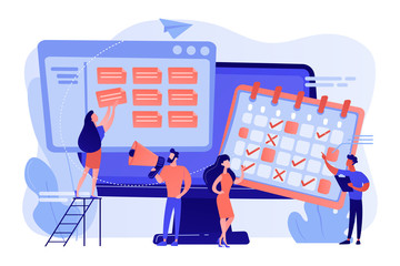 Time management, marketers teamwork. Media planning, media representation control, reach your client, best media plan for your brand concept. Bright vibrant violet vector isolated illustration