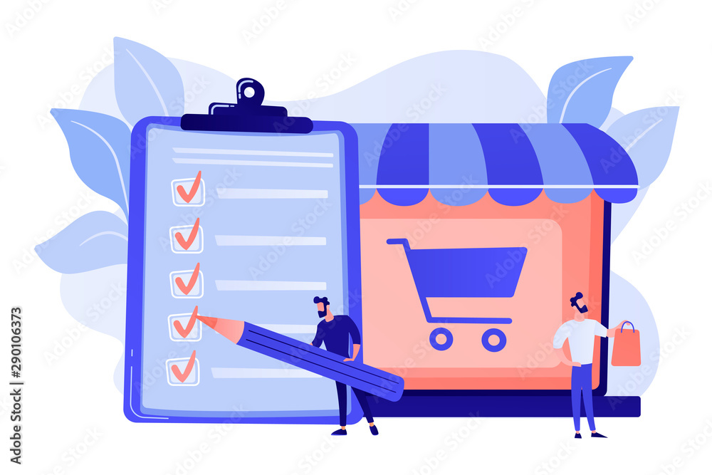 Poster man doing purchases from shopping list. customer with package, buying goods. purchase agreement, in-