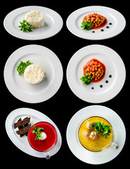 set collage white rice, boiled chickpeas and soup, isolated on black