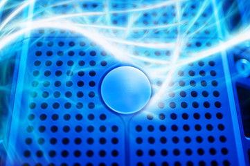 The server room tells the computer server that is working continuously. Convey the power and...