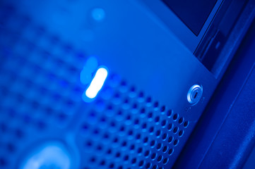 The server room tells the computer server that is working continuously. Convey the power and...