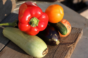 Ripe sweet peppers, zucchini, cucumber, tomato and onions from the infield. Lying on wooden boards, bathed in sunlight.