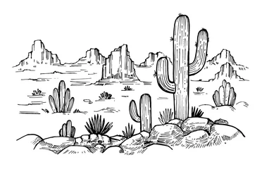 Foto op Canvas Sketch of the desert of America with cacti. Prairie landscape. Hand drawn vector illustration © aksol