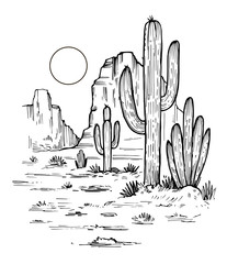 Skizze der Wüste von Amerika mit Kakteen. Prärielandschaft. Handgezeichnete Vektorillustration