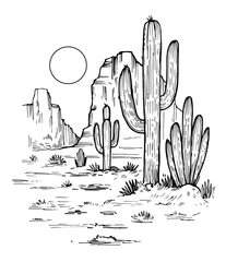 Foto op Plexiglas Woestijn Schets van de woestijn van Amerika met cactussen. Prairie landschap. Hand getekende vectorillustratie